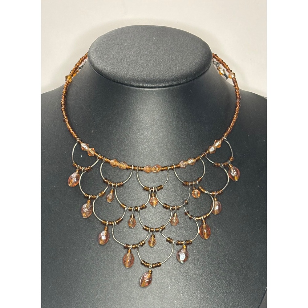 Vintage Brown Bead Scalloped Bib Necklace Silver Tone Memory Wire Choker